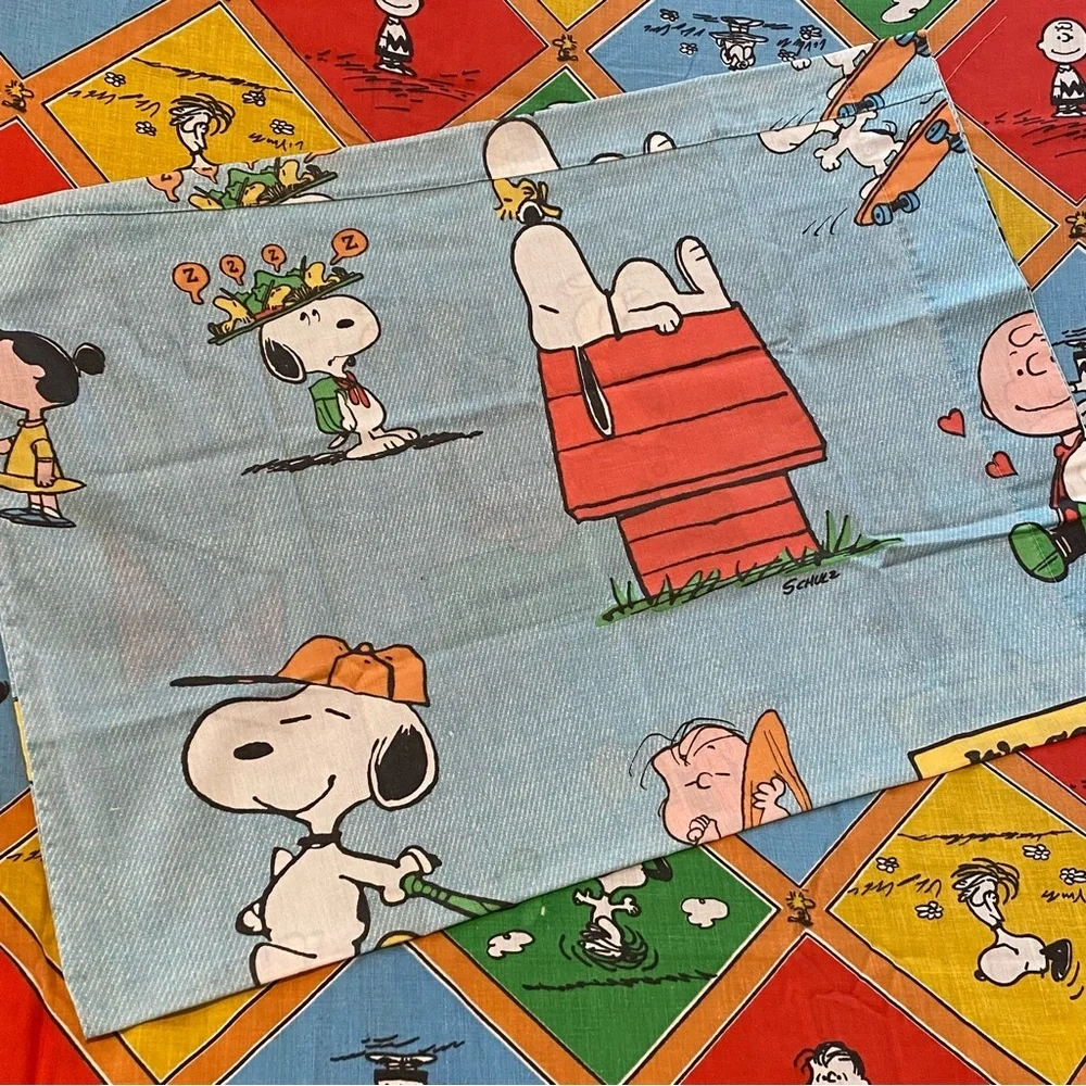 Vtg Peanuts Charlie Brown Snoopy Twin Flat Sheet & Pillow Case Colorful Quotes